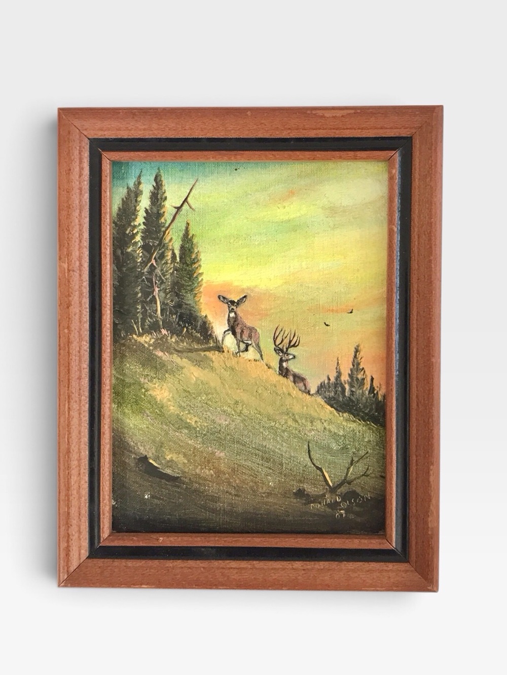 Vintage Miniature Oil Painting Deer at Dawn Wildlife Landscape Signed 1987
